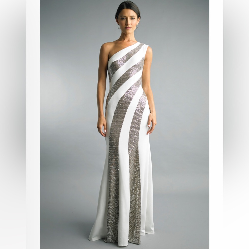 27. Basix Black Label One-Shoulder Sequin Striped Gown In Whtsilver